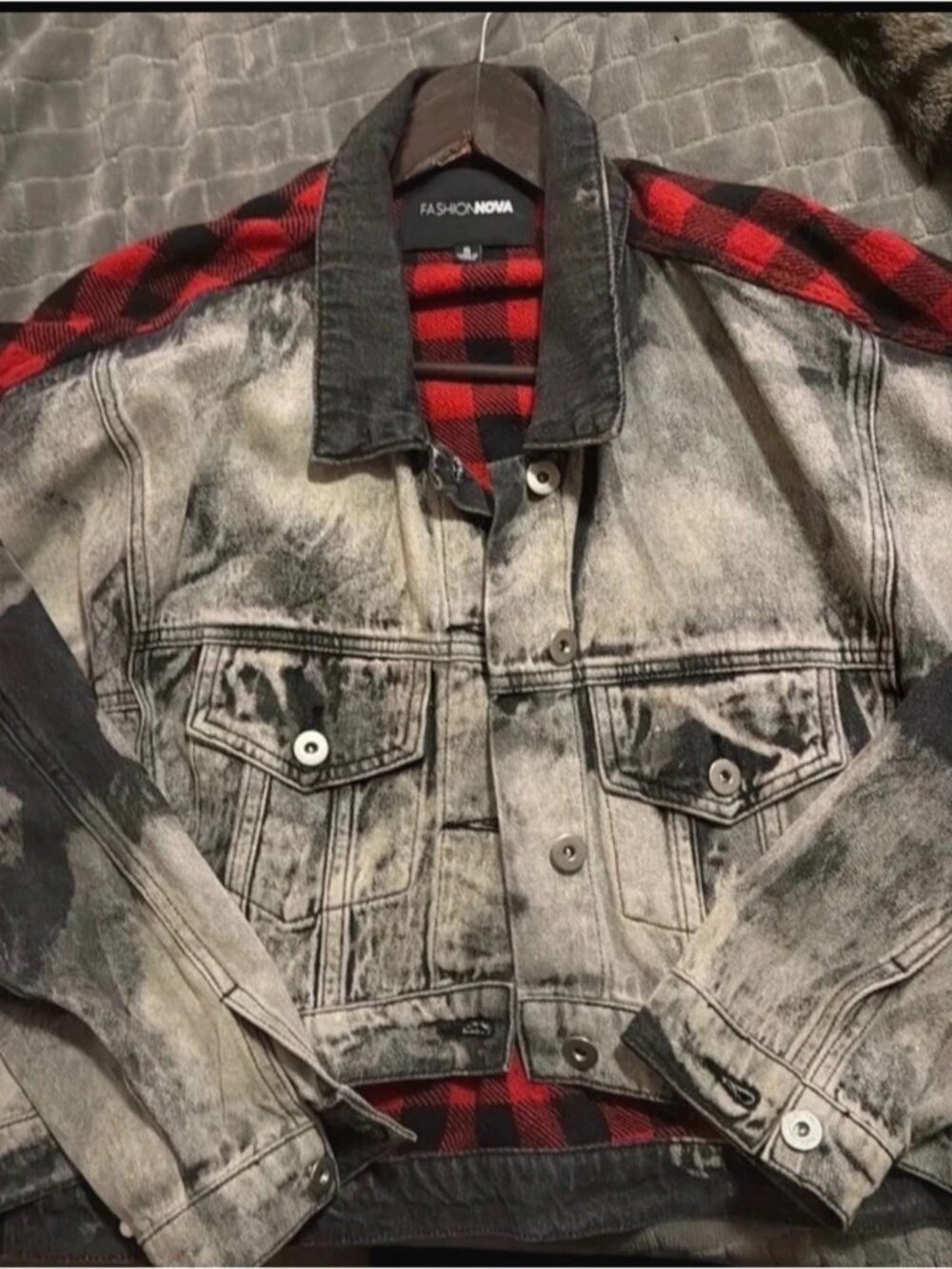 Fashion Nova Gray Acid-Wash Denim Jacket with Red Plaid Lining